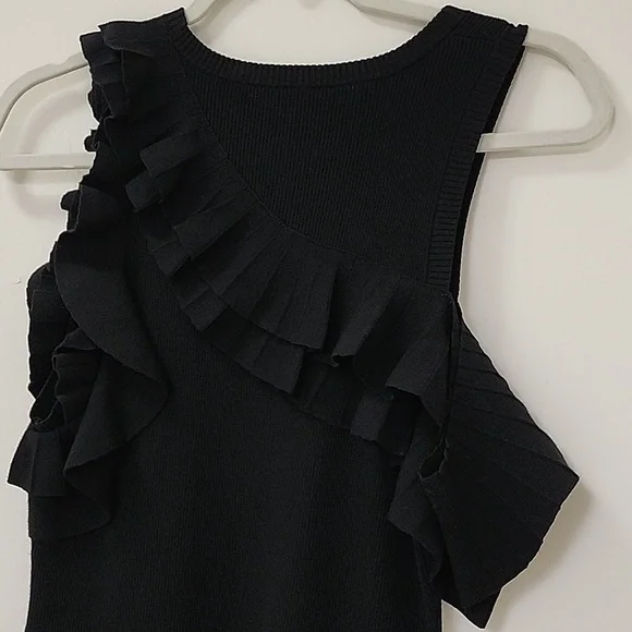 ALC Kellam Black Ribbed Cold Shoulder Ruffle Trim Stretch Knit Midi Dress Large - Picture 14 of 16